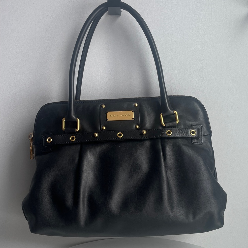 MARC JACOBS Black Leather Tote Bag with Gold Hardware